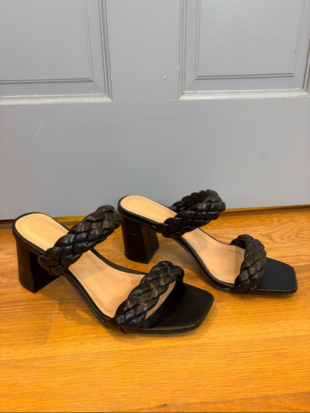 Black Braided Double-Strap Block Heel Sandals
